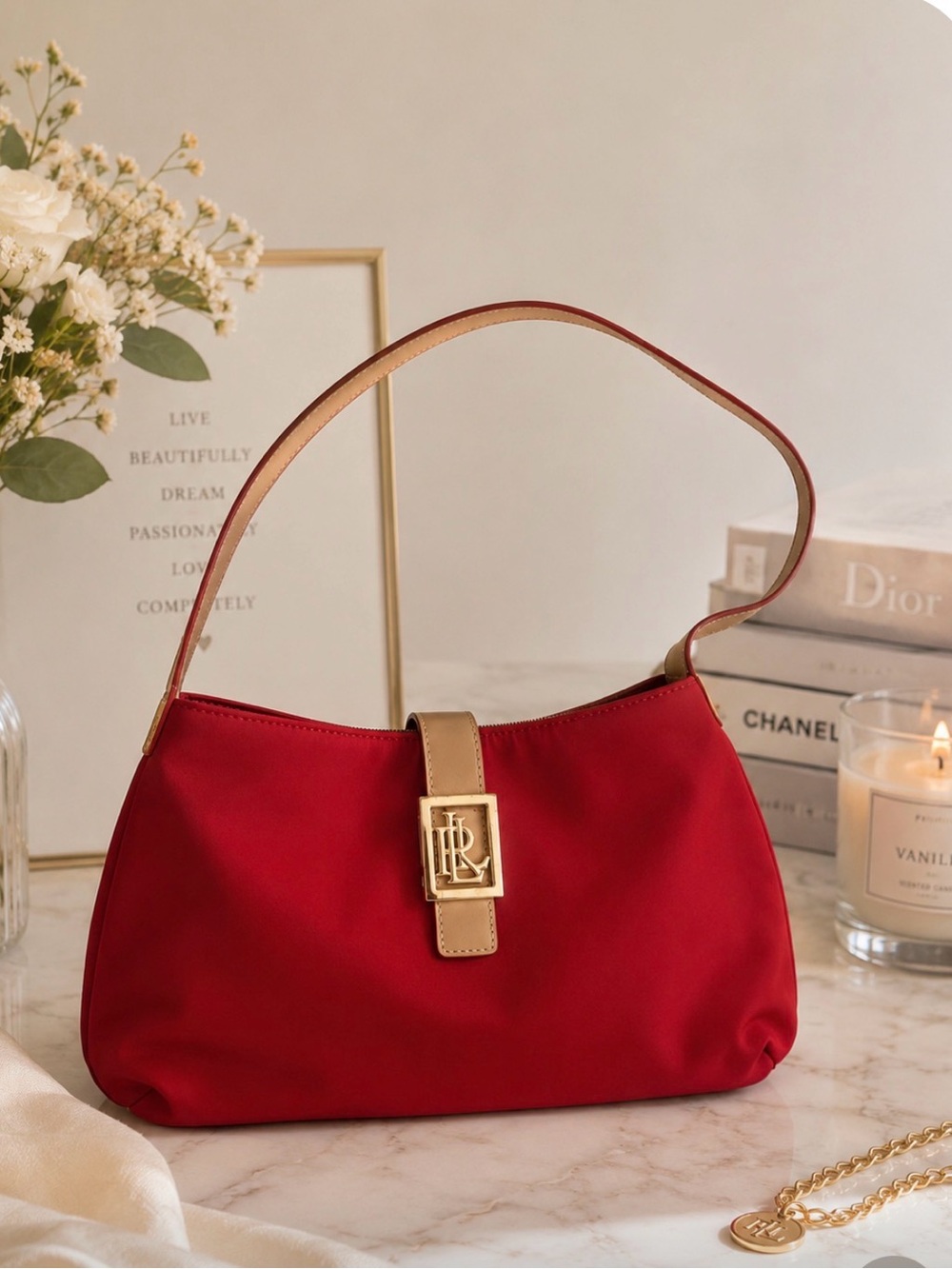 Lauren Ralph Lauren Red Shoulder Bag with Tan Strap